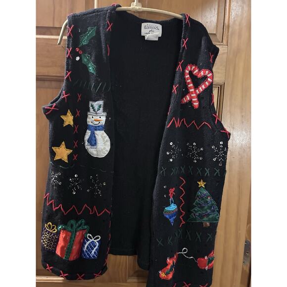 Vtg KMART BASIC EDITIONS Holiday Ugly Christmas Sweater Vest 1X Sequins Tree - Picture 1 of 8